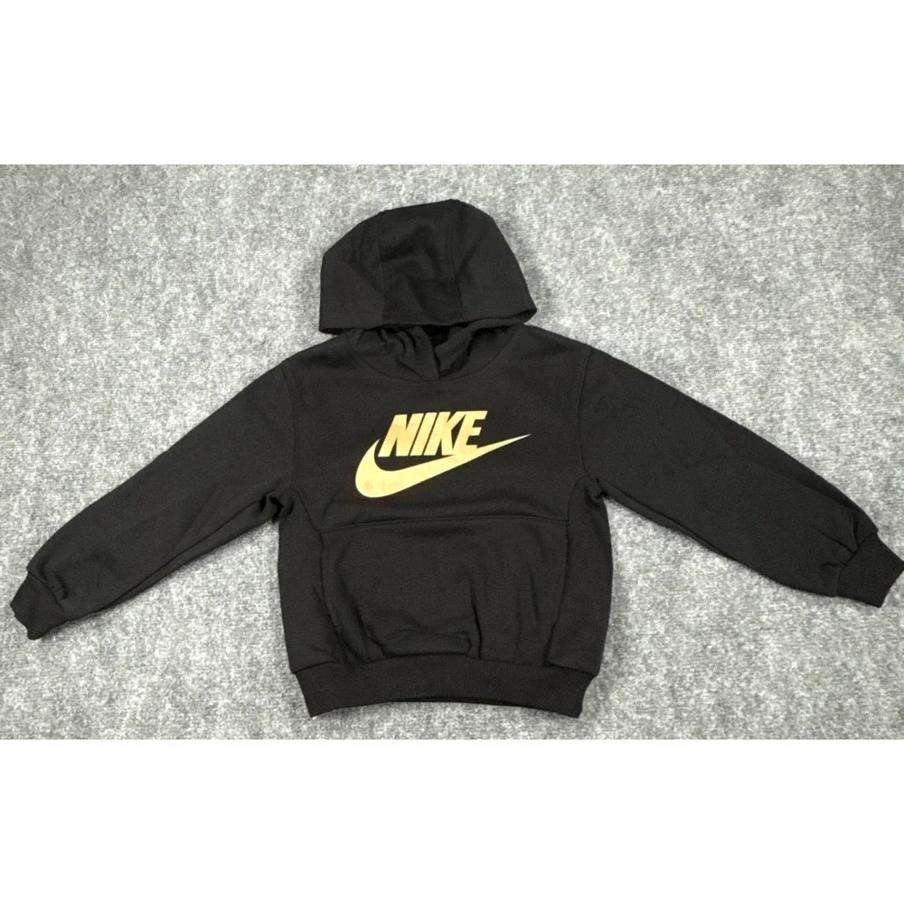 Nike Kids XS 3-4Yrs Sportswear Club Fleece Hoodie Black Metallic Gold Logo NWT
